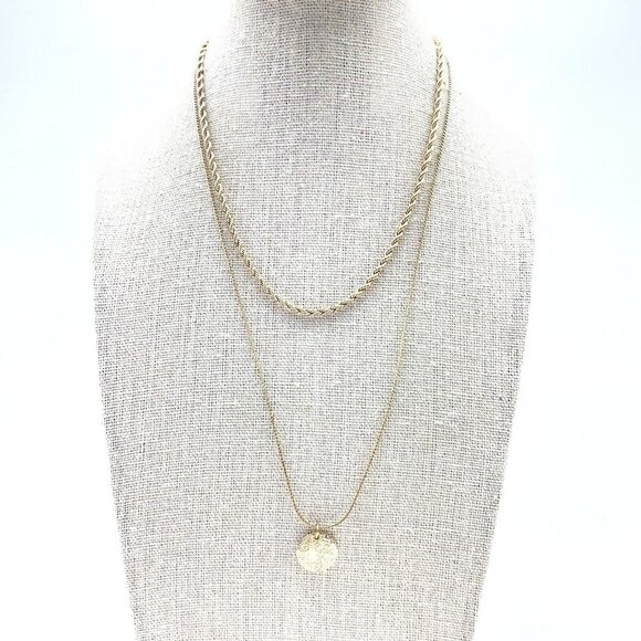 Layered Necklace Gold Tone Chain Round Disc Pendant Double Strand Boho - Picture 1 of 7